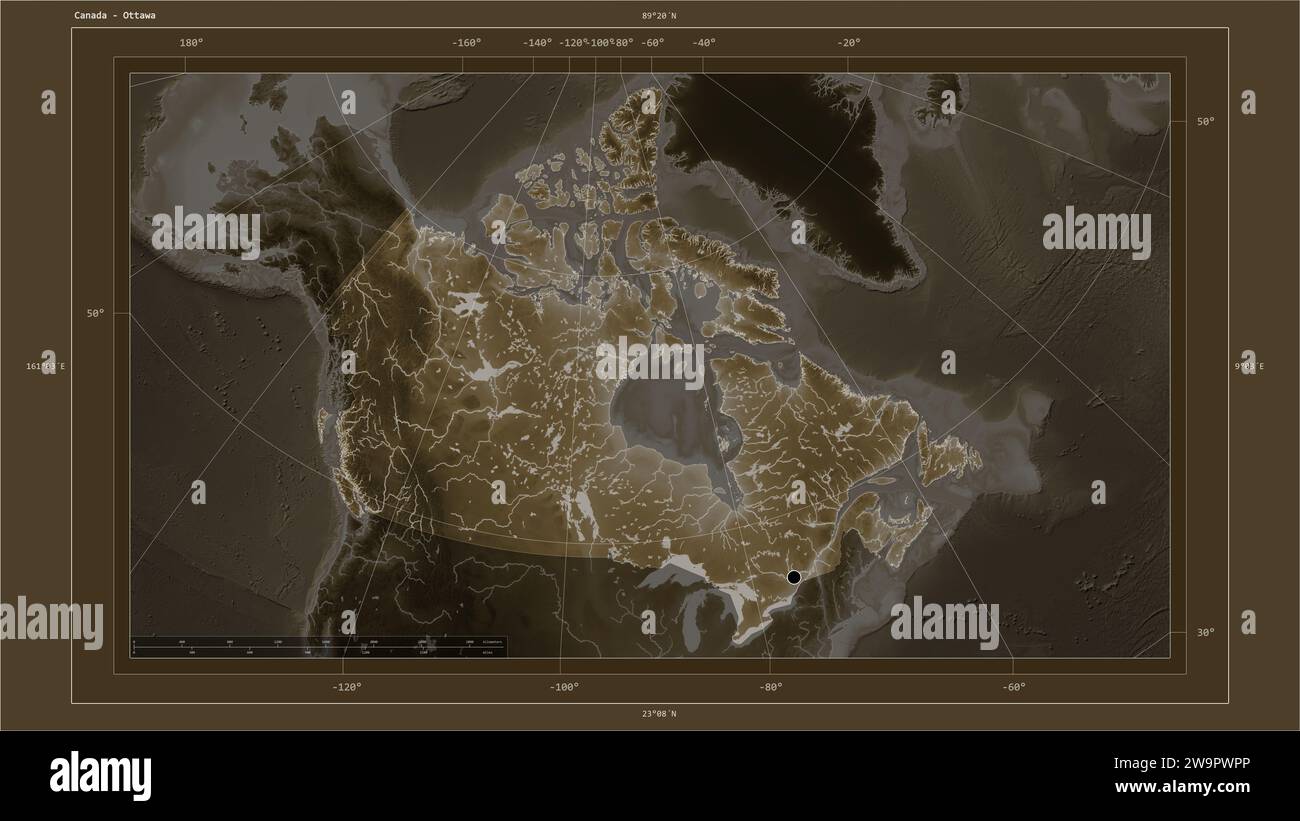 Canada highlighted on a elevation map colored in sepia tones with lakes