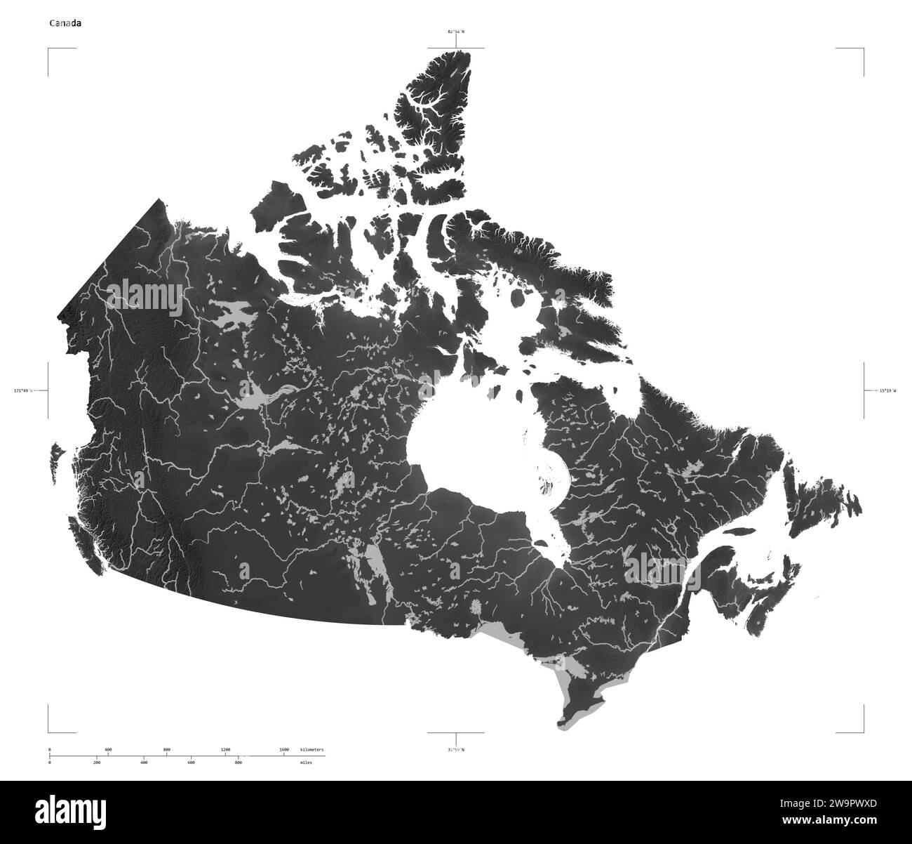 Canada map zoom border grayscale - Shape Of A Grayscale Elevation Map With Lakes And Rivers Of The Canada With Distance Scale And Map Border Coordinates Isolated On White 2W9PWXD