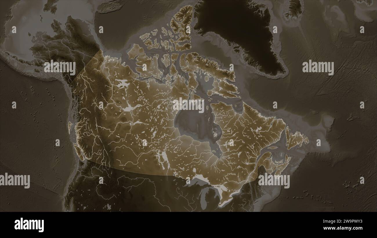 Canada map zoom border sepia hi res - Canada Highlighted On A Elevation Map Colored In Sepia Tones With Lakes And Rivers 2W9PWY3