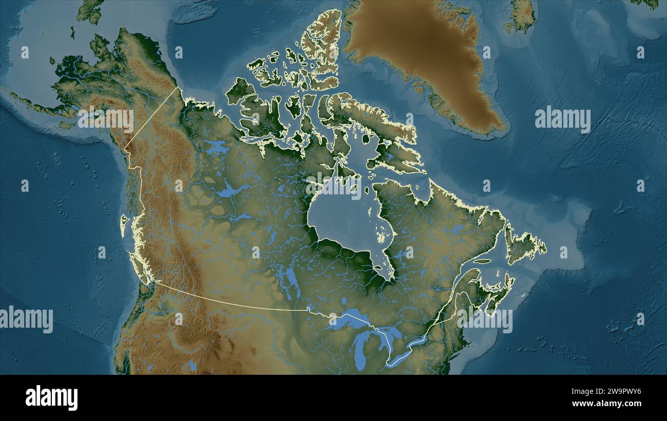 Canada outlined on a Colored elevation map with lakes and rivers Stock ...