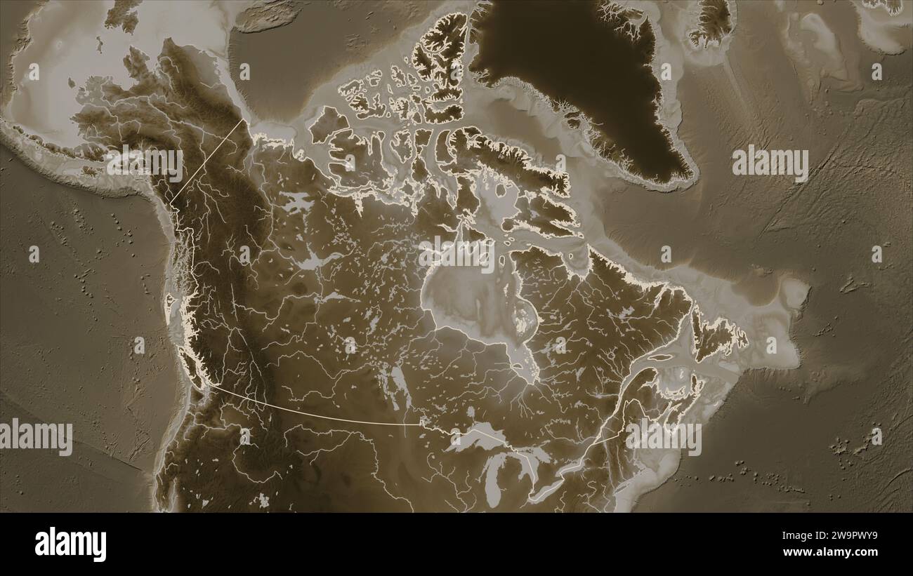 Canada map zoom border sepia hi res - Canada Outlined On A Elevation Map Colored In Sepia Tones With Lakes And Rivers 2W9PWY9