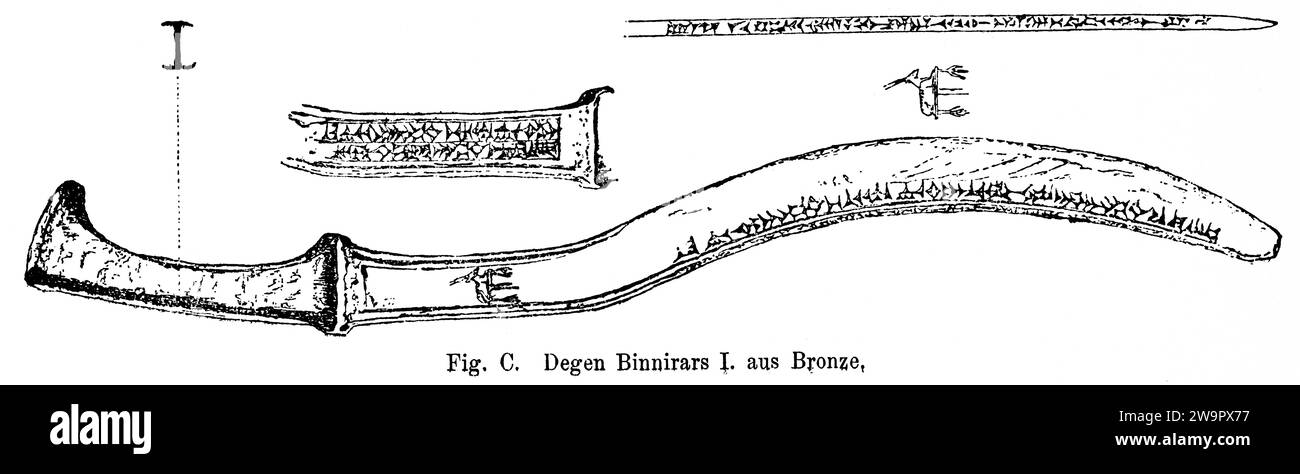 Sword of King Binnirar I, material bronze, sword, decorated ivory hilt, inscription, son of Budil, antiquity, historical illustration 1886 Stock Photo