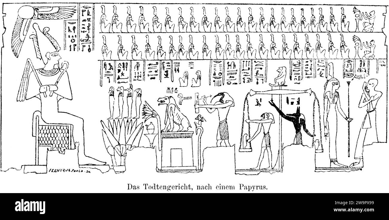 Judgement of the dead, judgement of the dead, ritual, courtroom, Thoth, tribunal of Osiris on the throne, secretary of the gods, forty deities, human Stock Photo