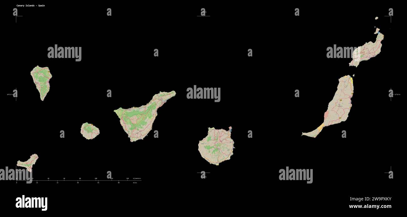 Shape Of A Topographic OSM Germany Style Map Of The Canary Islands Shape Of A Topographic Osm Germany Style Map Of The Canary Islands Spain With Distance Scale And Map Border Coordinates Isolated On Black 2W9PXKY 