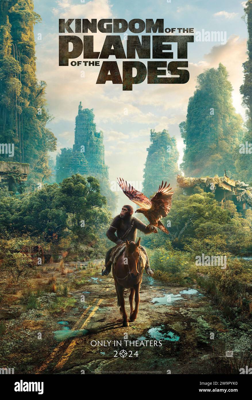 Kingdom of the Planet of the Apes (2024) directed by Wes Ball and starring Freya Allan, Kevin Durand and Dichen Lachman. Many years after the reign of Caesar, a young ape goes on a journey that will lead him to question everything he's been taught about the past and make choices that will define a future for apes and humans alike. US advance poster ***EDITORIAL USE ONLY***. Credit: BFA / Twentieth Century Studios Stock Photo