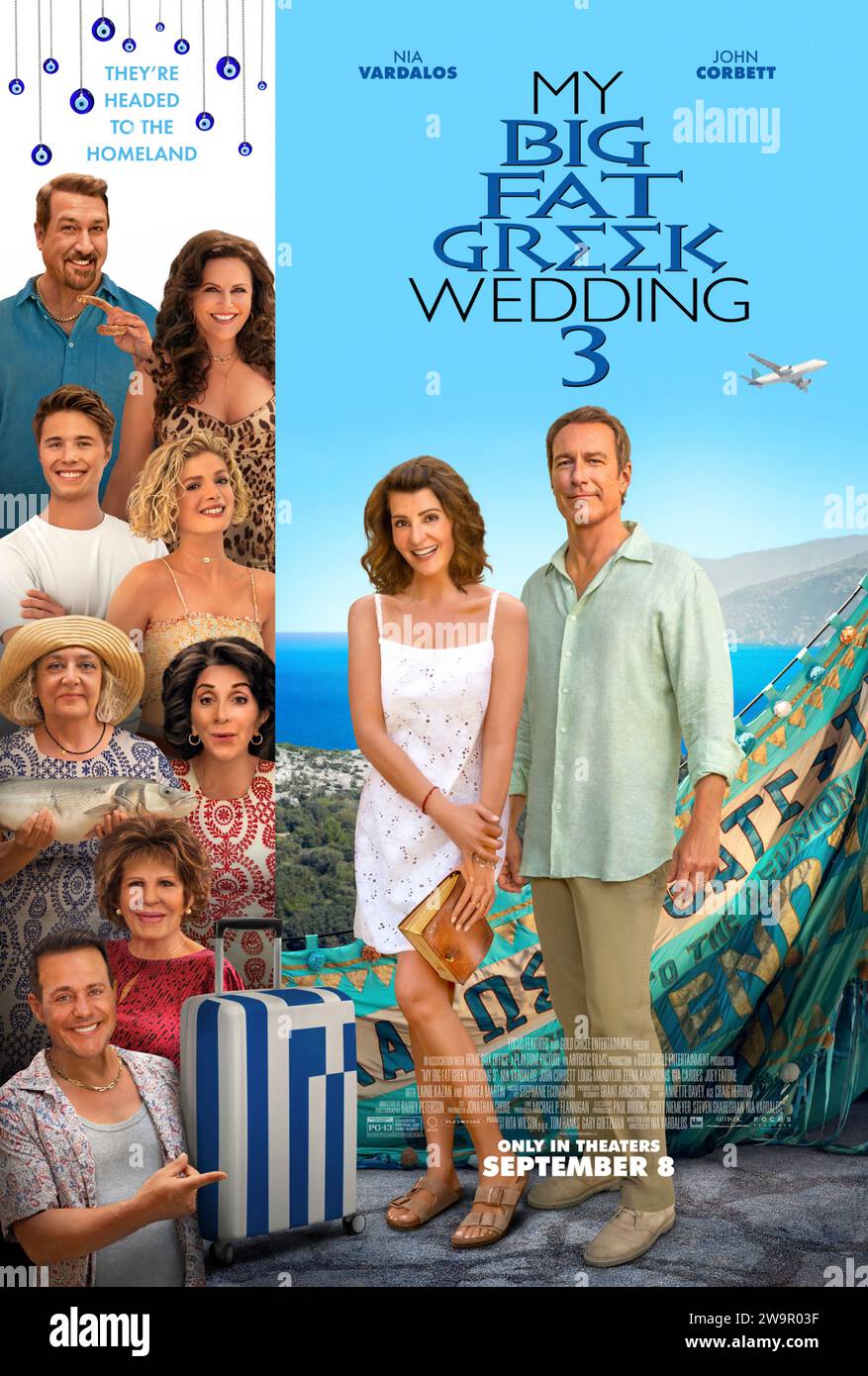 My Big Fat Greek Wedding 3 (2024) directed by Nia Vardalos and starring Nia Vardalos, John Corbett and Louis Mandylor. After the death of the family's patriarch, Toula attempts to locate her father's childhood friends in Greece for a family reunion. US one sheet poster ***EDITORIAL USE ONLY***. Credit: BFA / Focus Features Stock Photo