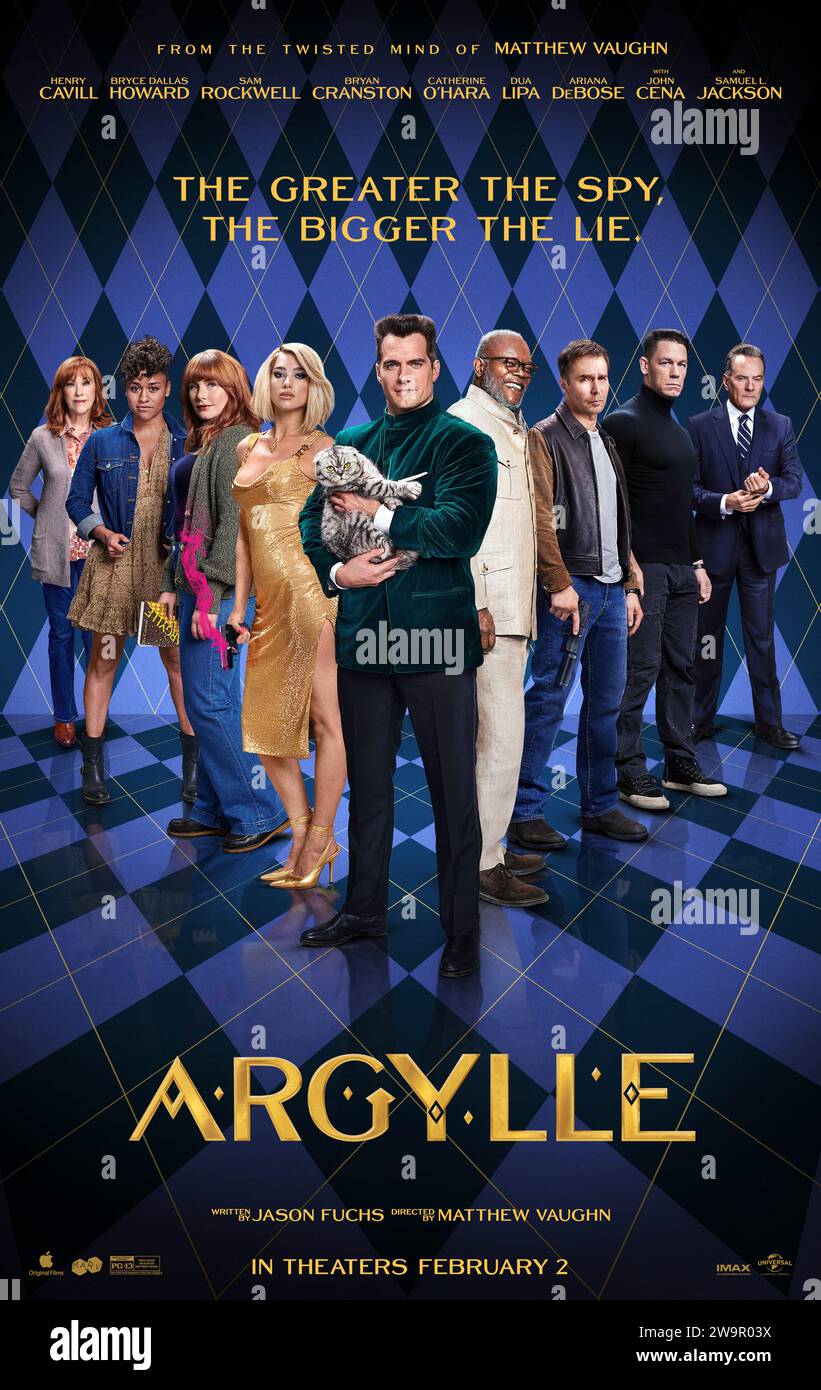 Argylle (2024) directed by Matthew Vaughn and starring Sofia Boutella, Henry Cavill and Dua Lipa. An introverted spy novelist is drawn into the activities of a sinister underground syndicate. US one sheet poster ***EDITORIAL USE ONLY***. Credit: BFA / Universal Pictures Stock Photo