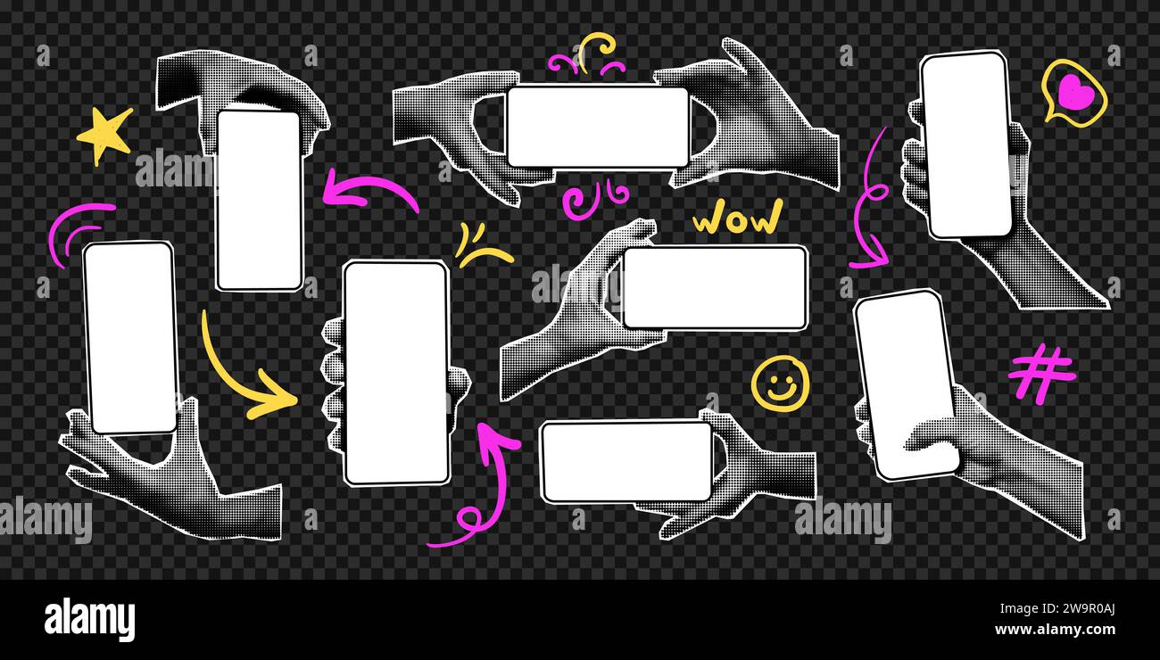 Halftone hands holding smartphones set vector illustration Stock Vector ...