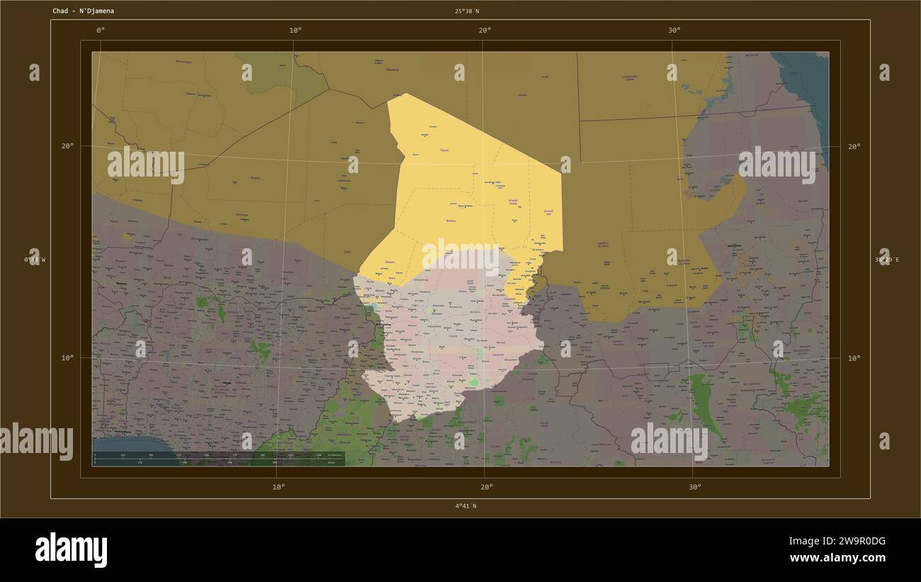 Chad highlighted on a topographic, OSM France style map map with the ...