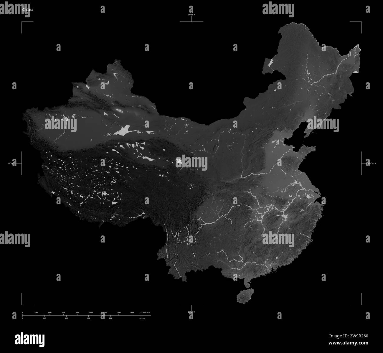 China map zoom border grayscale - Shape Of A Grayscale Elevation Map With Lakes And Rivers Of The China With Distance Scale And Map Border Coordinates Isolated On Black 2W9R260