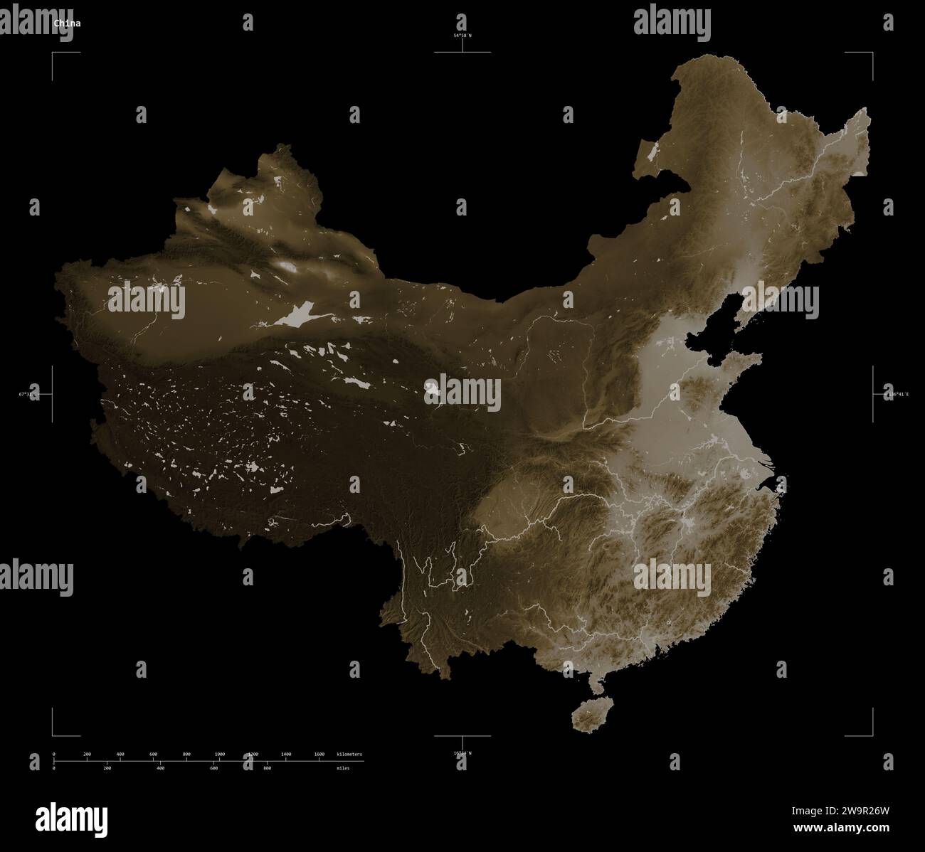 China map zoom border sepia hi res - Shape Of A Elevation Map Colored In Sepia Tones With Lakes And Rivers Of The China With Distance Scale And Map Border Coordinates Isolated On Black 2W9R26W
