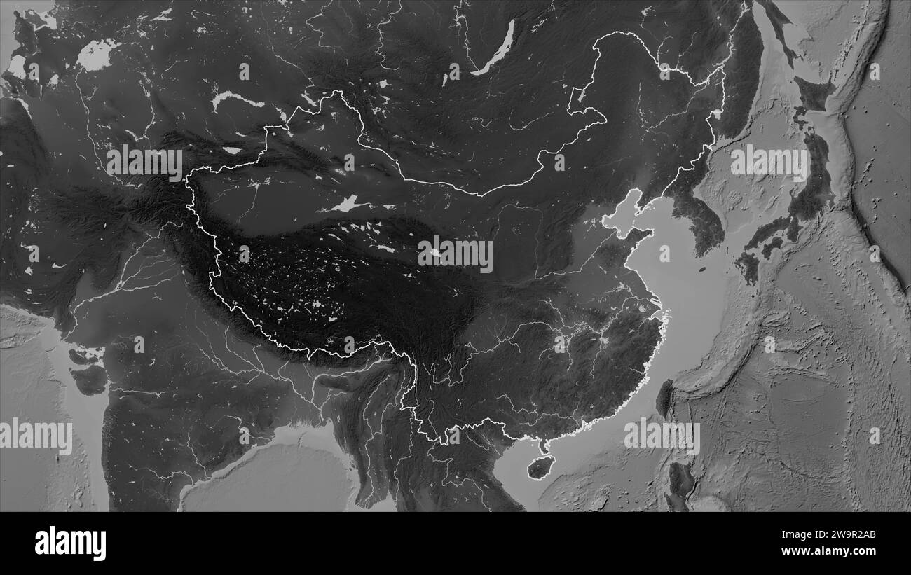 China outlined on a Grayscale elevation map with lakes and rivers Stock Photo