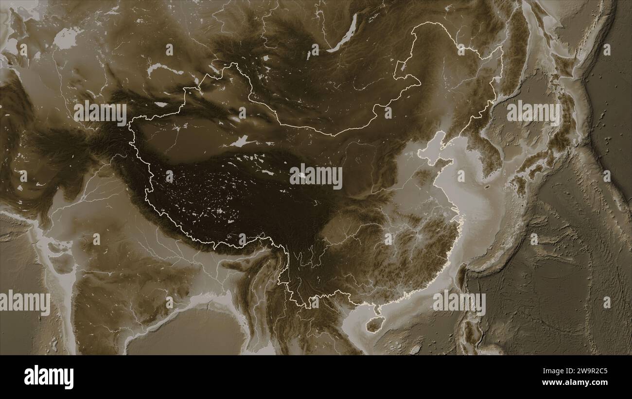 China map zoom border sepia hi res - China Outlined On A Elevation Map Colored In Sepia Tones With Lakes And Rivers 2W9R2C5
