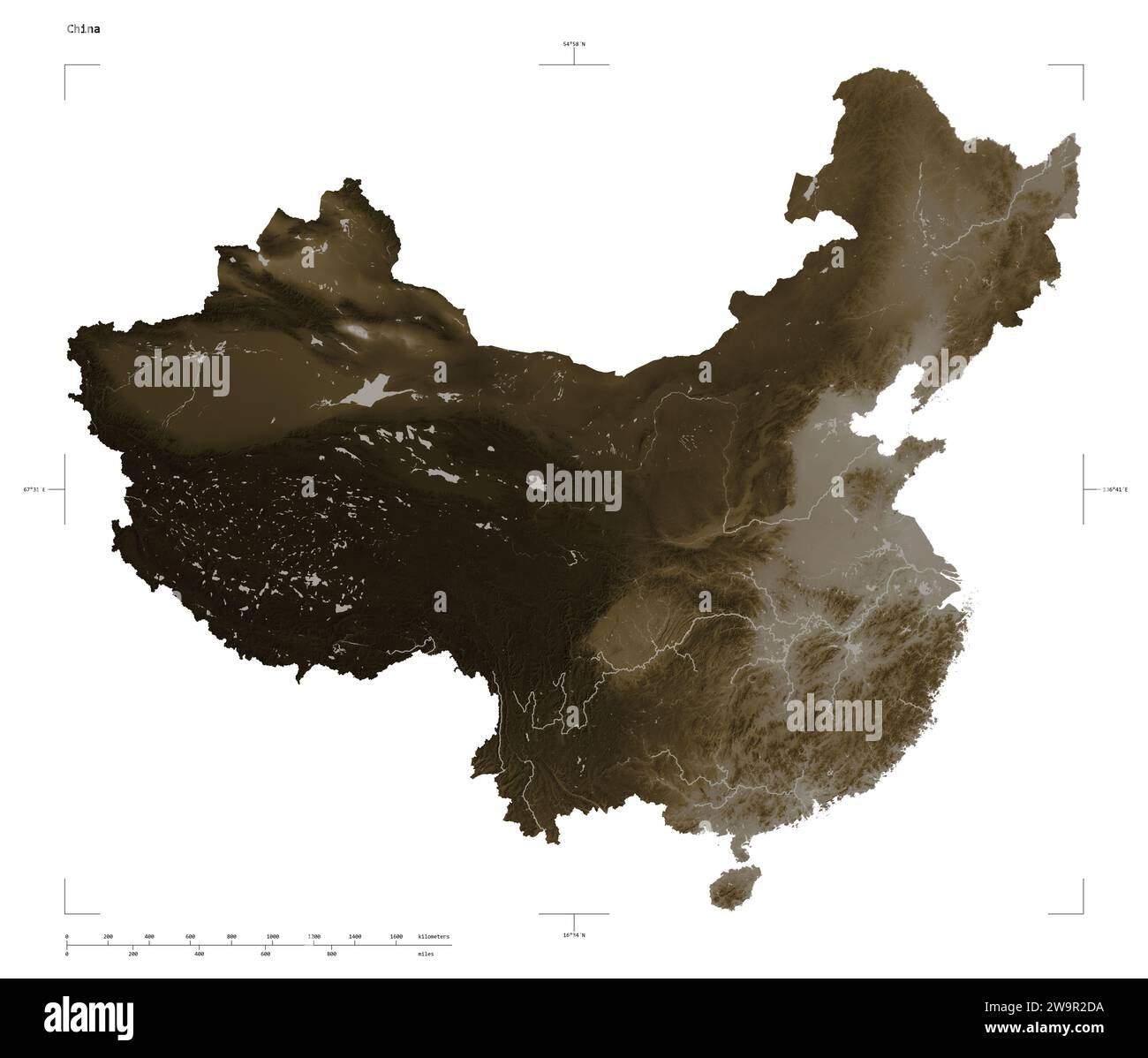 China map zoom border sepia hi res - Shape Of A Elevation Map Colored In Sepia Tones With Lakes And Rivers Of The China With Distance Scale And Map Border Coordinates Isolated On White 2W9R2DA