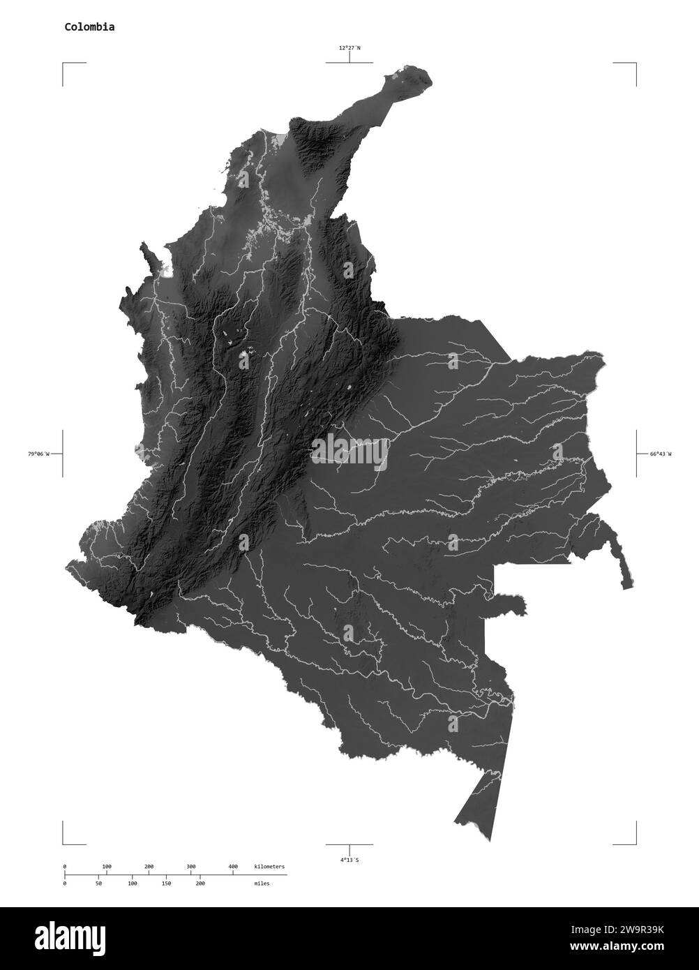 Shape Of A Grayscale Elevation Map With Lakes And Rivers Of The Shape Of A Grayscale Elevation Map With Lakes And Rivers Of The Colombia With Distance Scale And Map Border Coordinates Isolated On White 2W9R39K