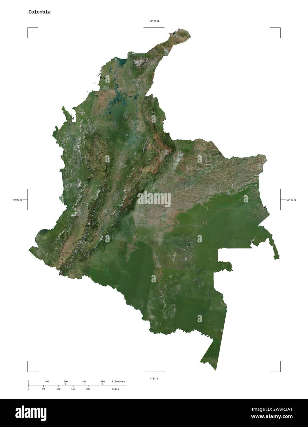 Shape of a high resolution satellite map of the Colombia, with distance scale and map border coordinates, isolated on white Stock Photo