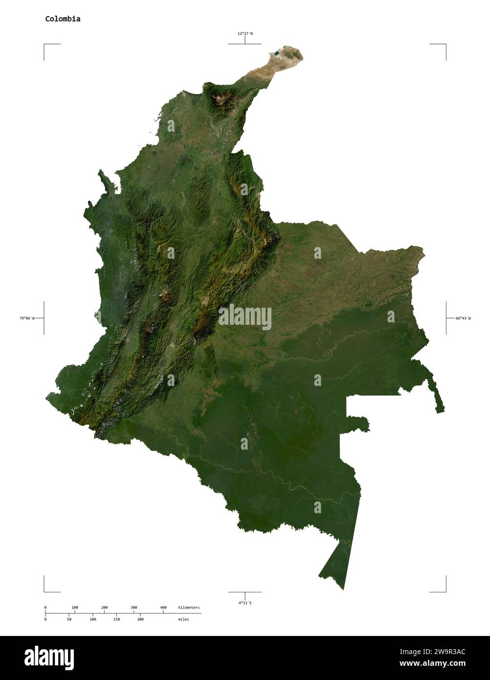 Shape of a low resolution satellite map of the Colombia, with distance scale and map border coordinates, isolated on white Stock Photo