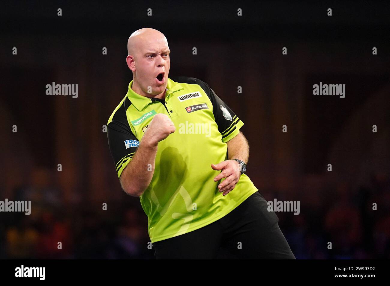 Michael van Gerwen in action against Stephen Bunting (not pictured) on ...