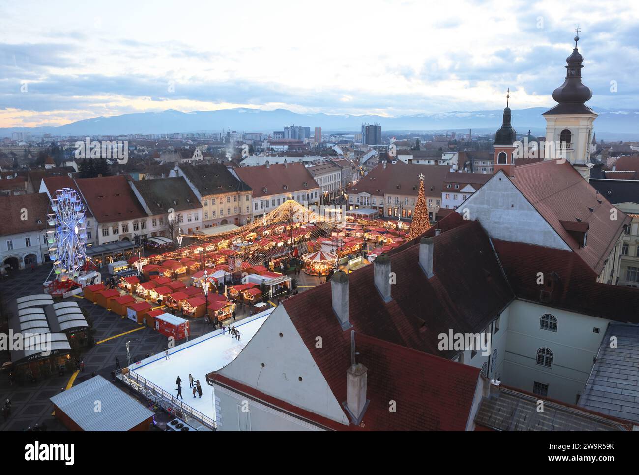 View from the Council Tower in Sibiu, showing the Christmas market on