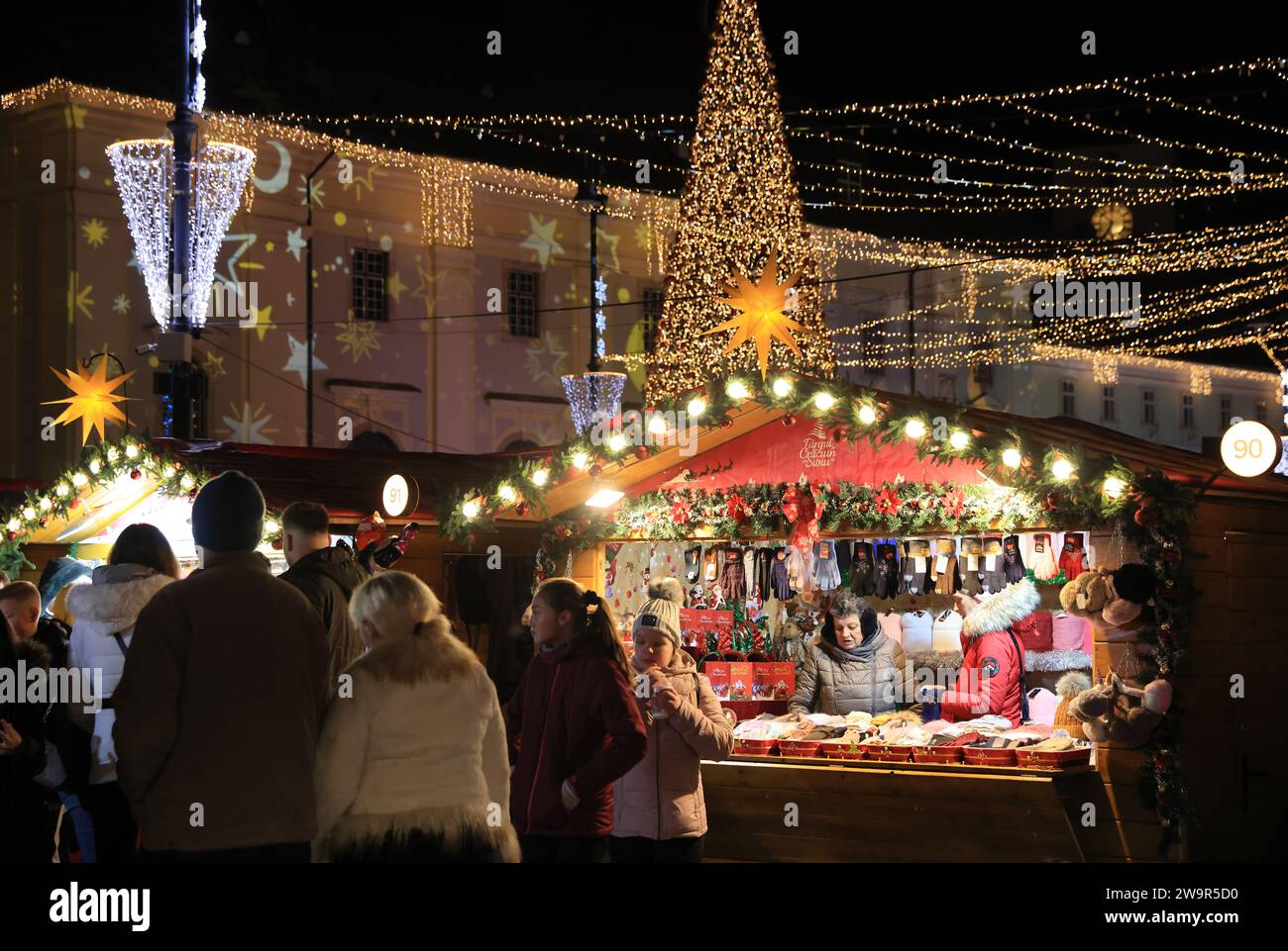 Pretty Christmas market on Piata Mare, the Big Square, in the