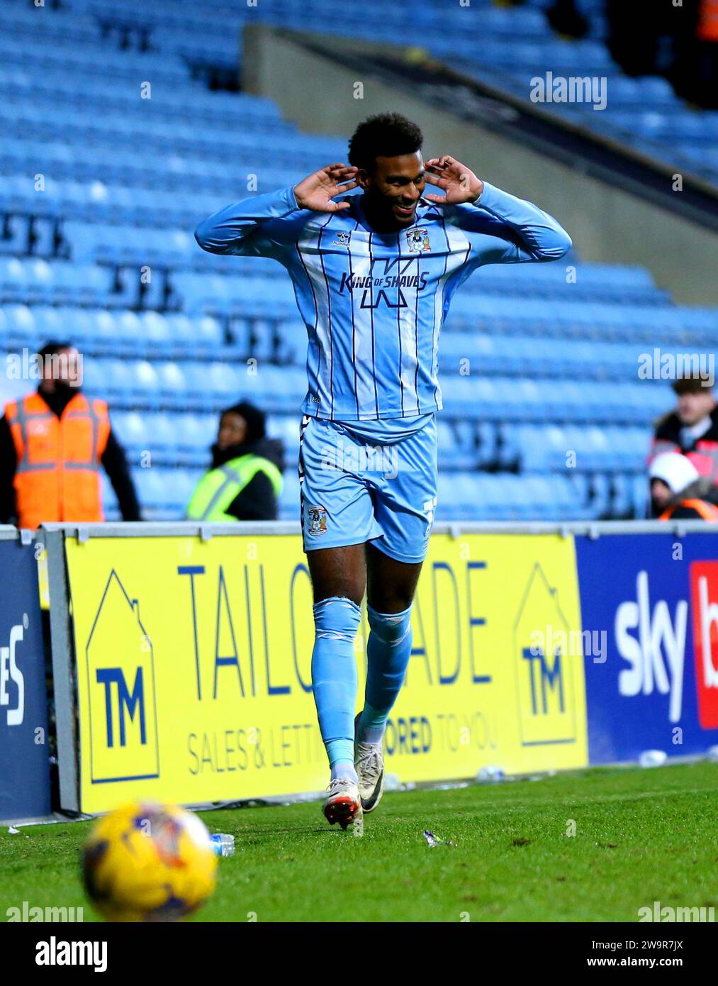 Coventry City's Haji Wright celebrates after teammate Ellis Simms (not