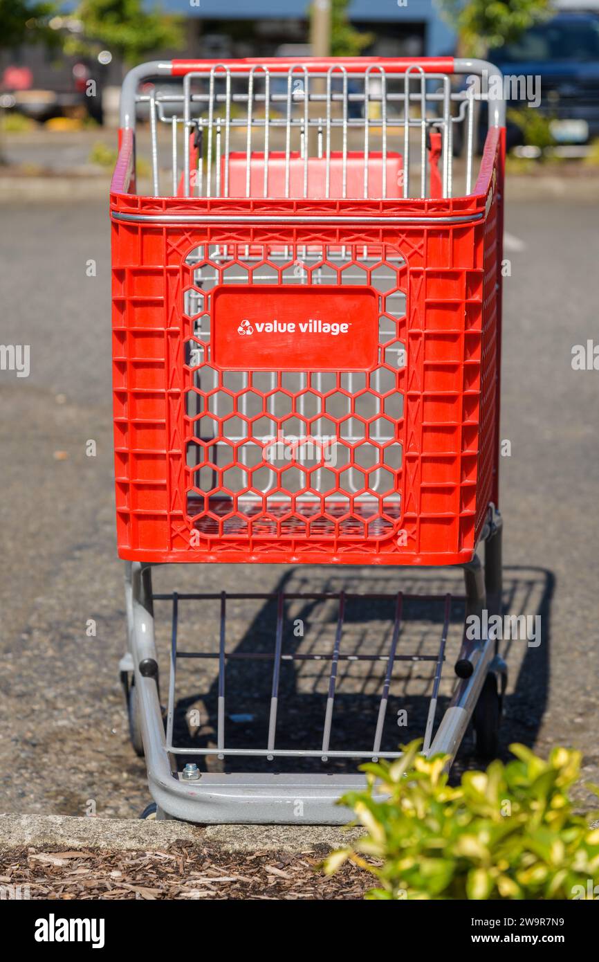Woodinville, WA, USA June 04, 2023; Empty red shopping cart with name