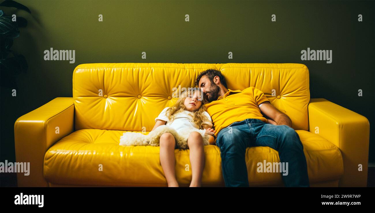 dad with little girl sleeping on a yellow couch Stock Photo