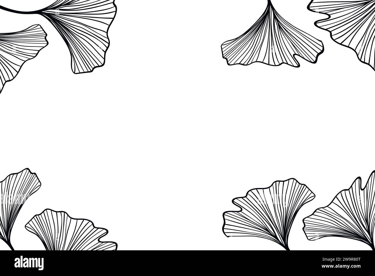 Floral frame with ginkgo biloba leaves, branches on white background