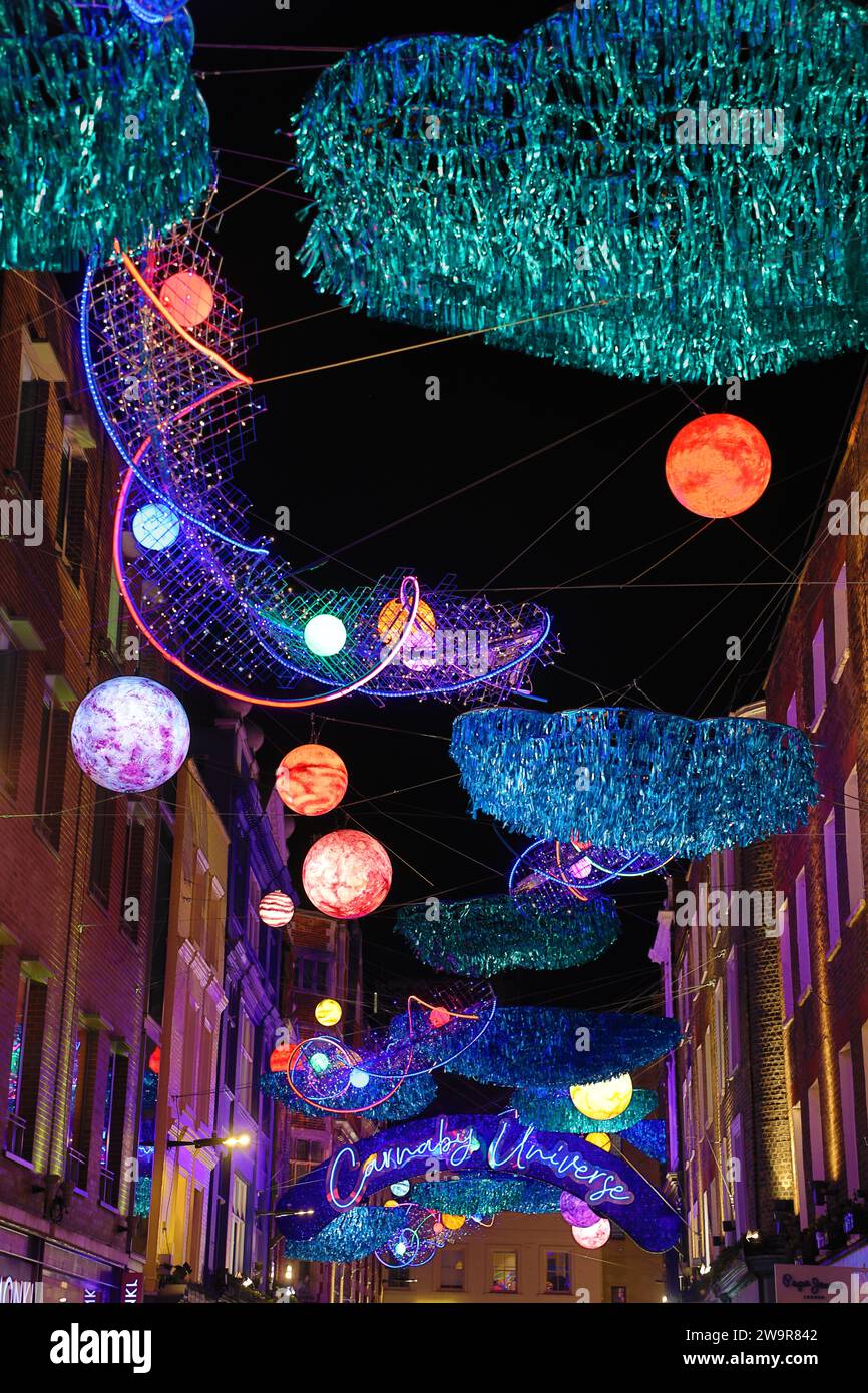 Christmas lights in Carnaby Street in London 2023 with a space theme called Carnaby Universe