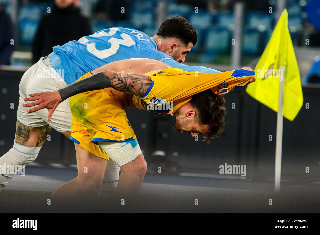 Rome, Italy. 29th Dec, 2023. Elseid Hysaj of SS LAZIO and Francesco Gelli of Frosinone Calcio during SS Lazio vs Frosinone Calcio, Italian soccer Serie A match in Rome, Italy, December 29 2023 Credit: Independent Photo Agency/Alamy Live News Stock Photo