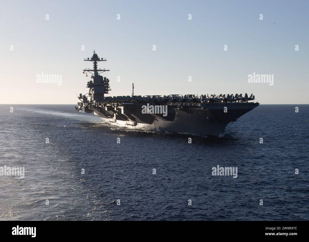 The world's largest aircraft carrier USS Gerald R. Ford (CVN 78), operates in the Mediterranean Sea, Nov. 17, 2023. The U.S. maintains forward-deployed, ready, and postured forces to deter aggression and support security and stability around the world. (U.S. Navy photo by Mass Communication Specialist 2nd Class Jacob Mattingly) Stock Photo