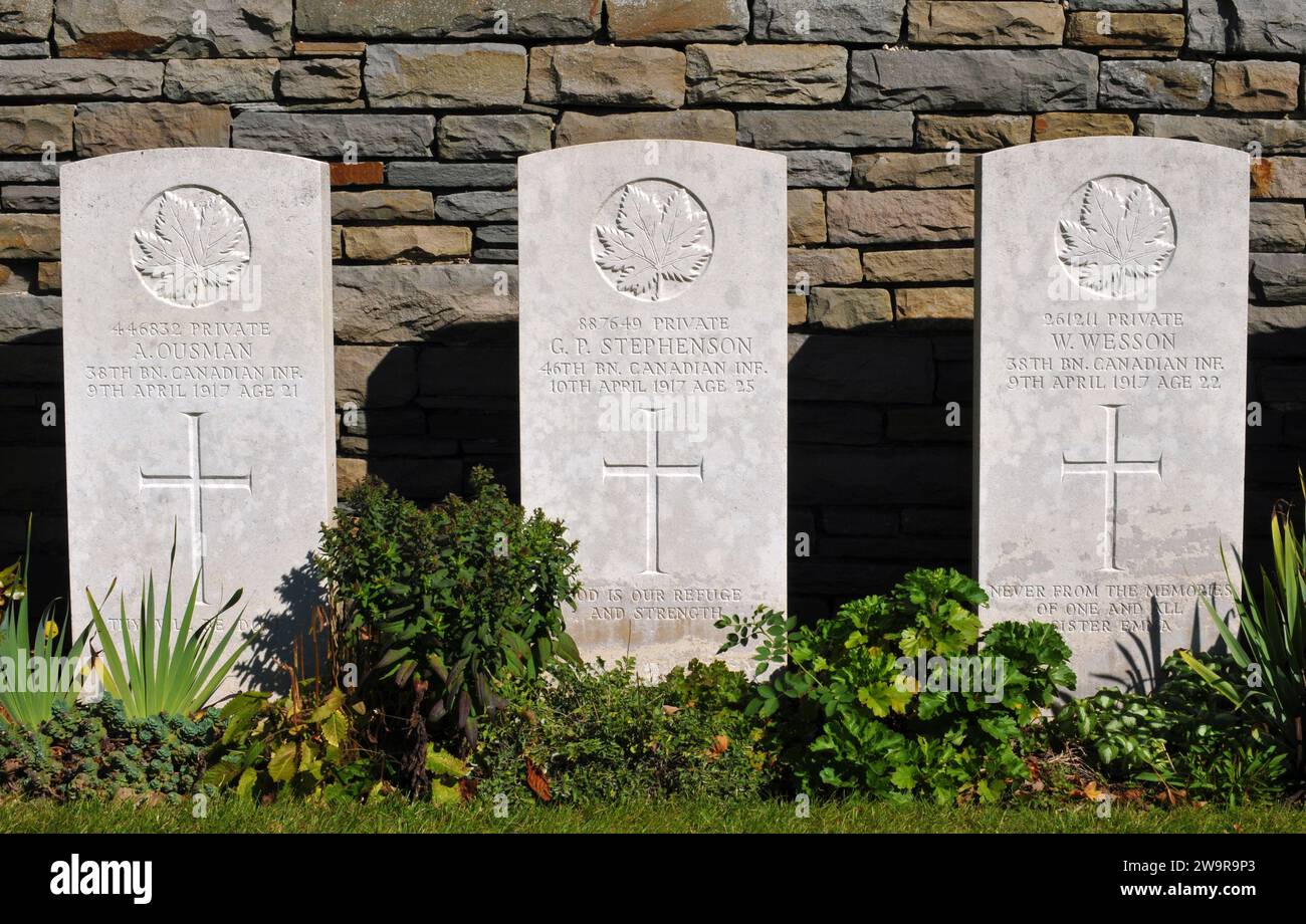 Headstones of Canadian soldiers killed in the First World War, in Canadian Cemetery No. 2 at the Canadian National Vimy Memorial Park in France. Stock Photo