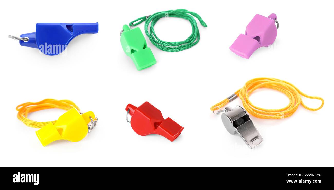 Different colourful whistles with cords isolated on white, set Stock