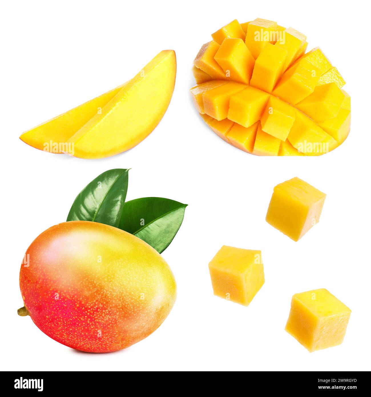 Whole and cut mango fruits isolated on white Stock Photo - Alamy