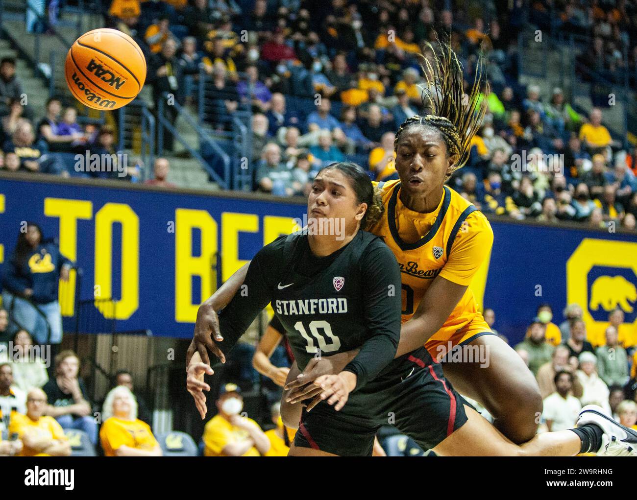 Haas Pavilion Berkeley Calif, USA. 29th Dec, 2023. CA U.S.A. Stanford guard Talana Lepolo and California forward Ugonne Onyiah (0) (10) battles for a loose ball during the NCAA Women's Basketball game between Stanford Cardinal and the California Golden Bears. Stanford beat California 78-51 at Haas Pavilion Berkeley Calif. Thurman James/CSM/Alamy Live News Stock Photo