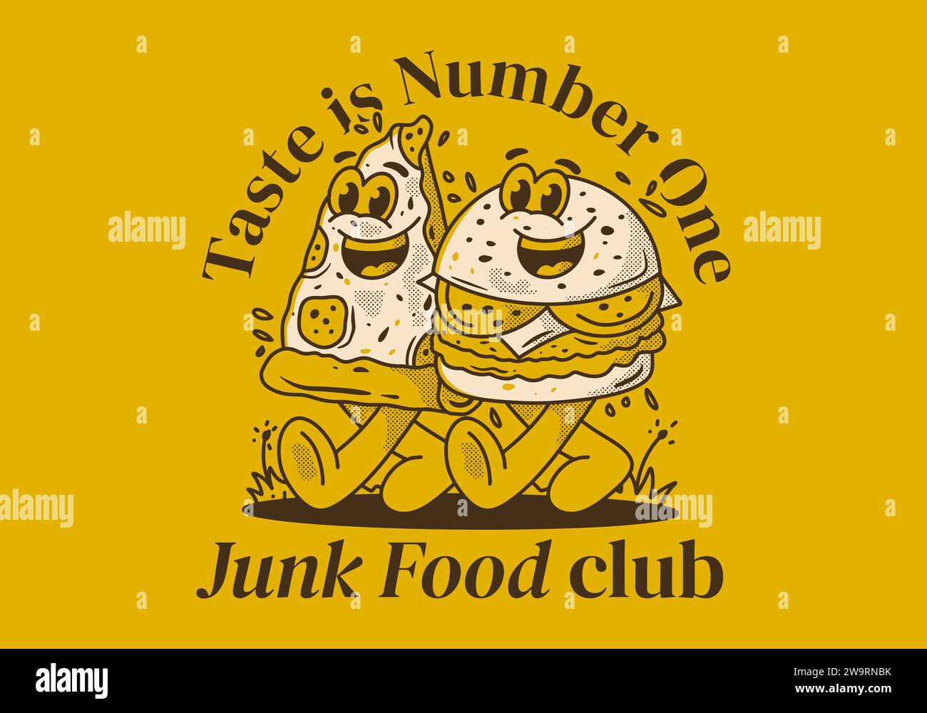 Junk Food club, taste is number one. Mascot character illustration of walking burger and pizza