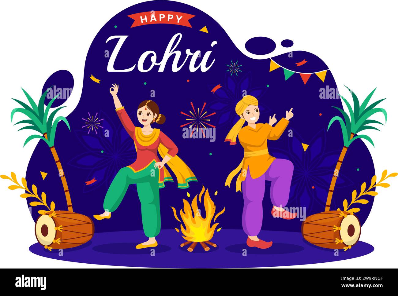 Happy Lohri Festival of Punjab India Vector Illustration of Playing