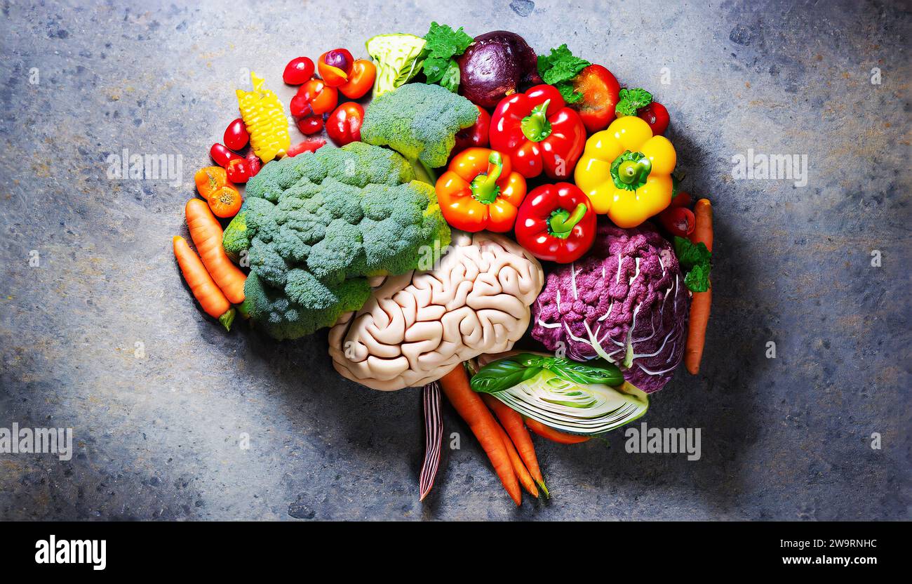 Human brain made of variety of colorful vegetables, concept of vegetarian, vegan, healthy