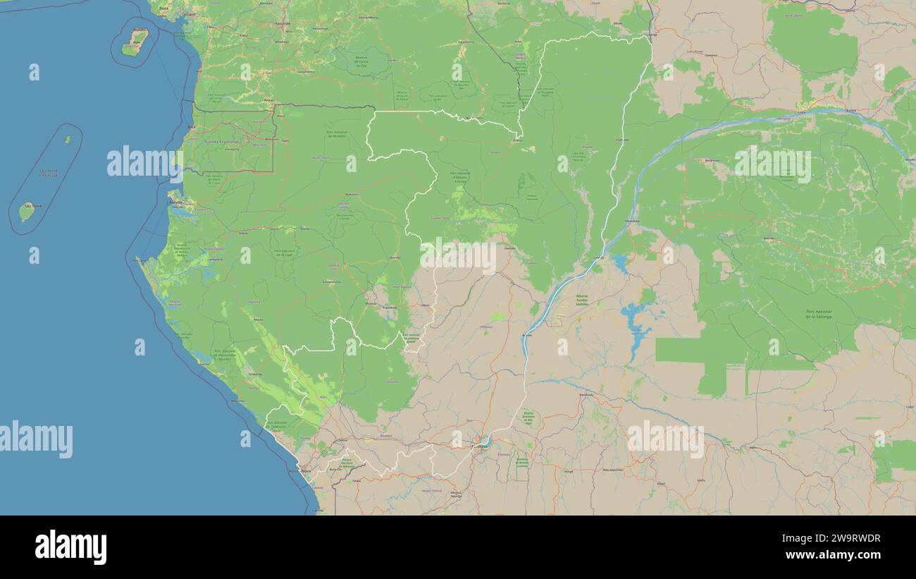 Republic of the Congo outlined on a topographic, OSM standard style map ...