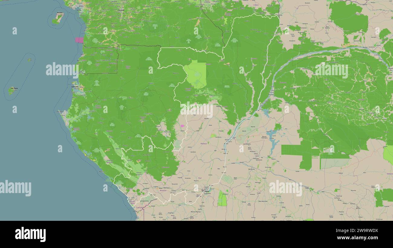 Republic of the Congo outlined on a topographic, OSM France style map ...