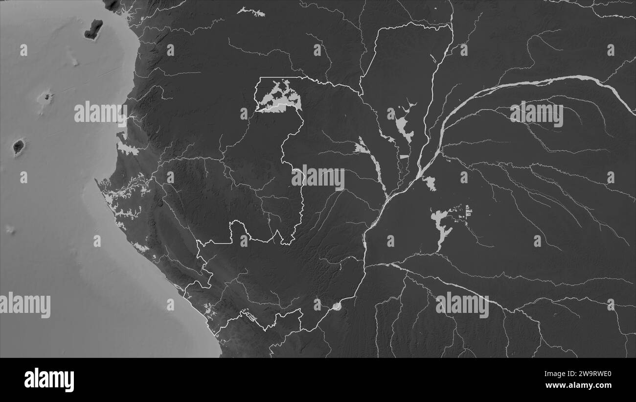 Republic of the Congo outlined on a Grayscale elevation map with lakes ...