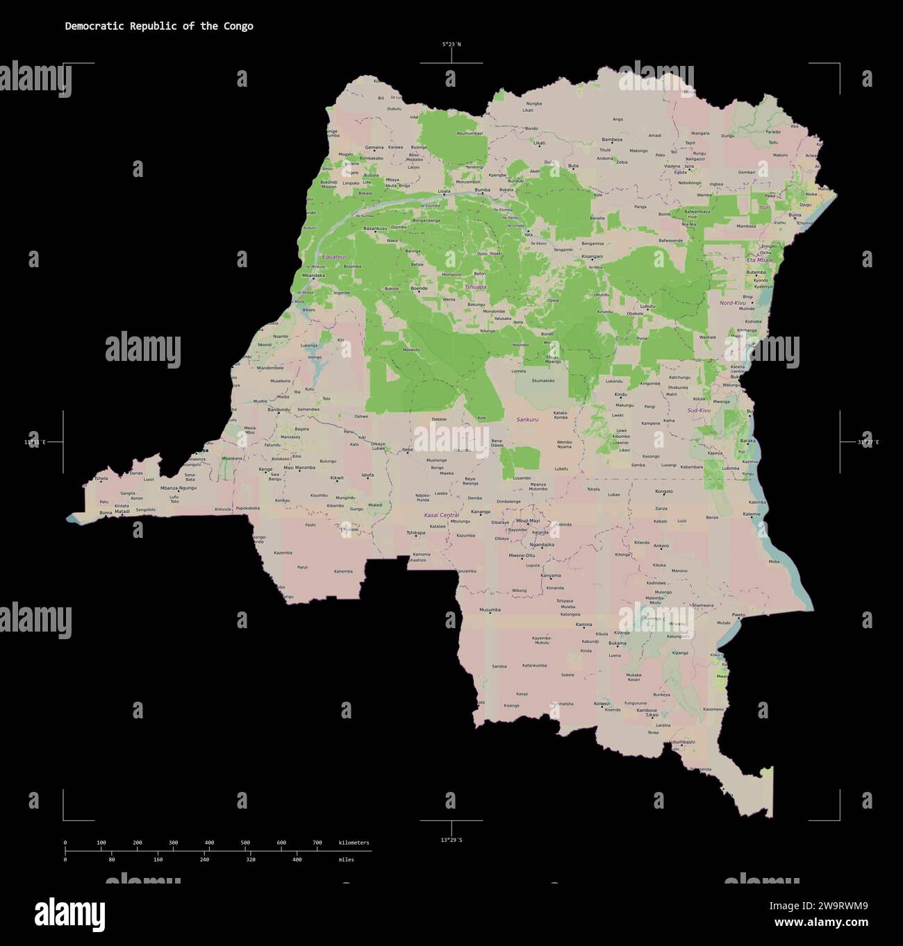 Shape of a topographic, OSM France style map of the Democratic Republic ...