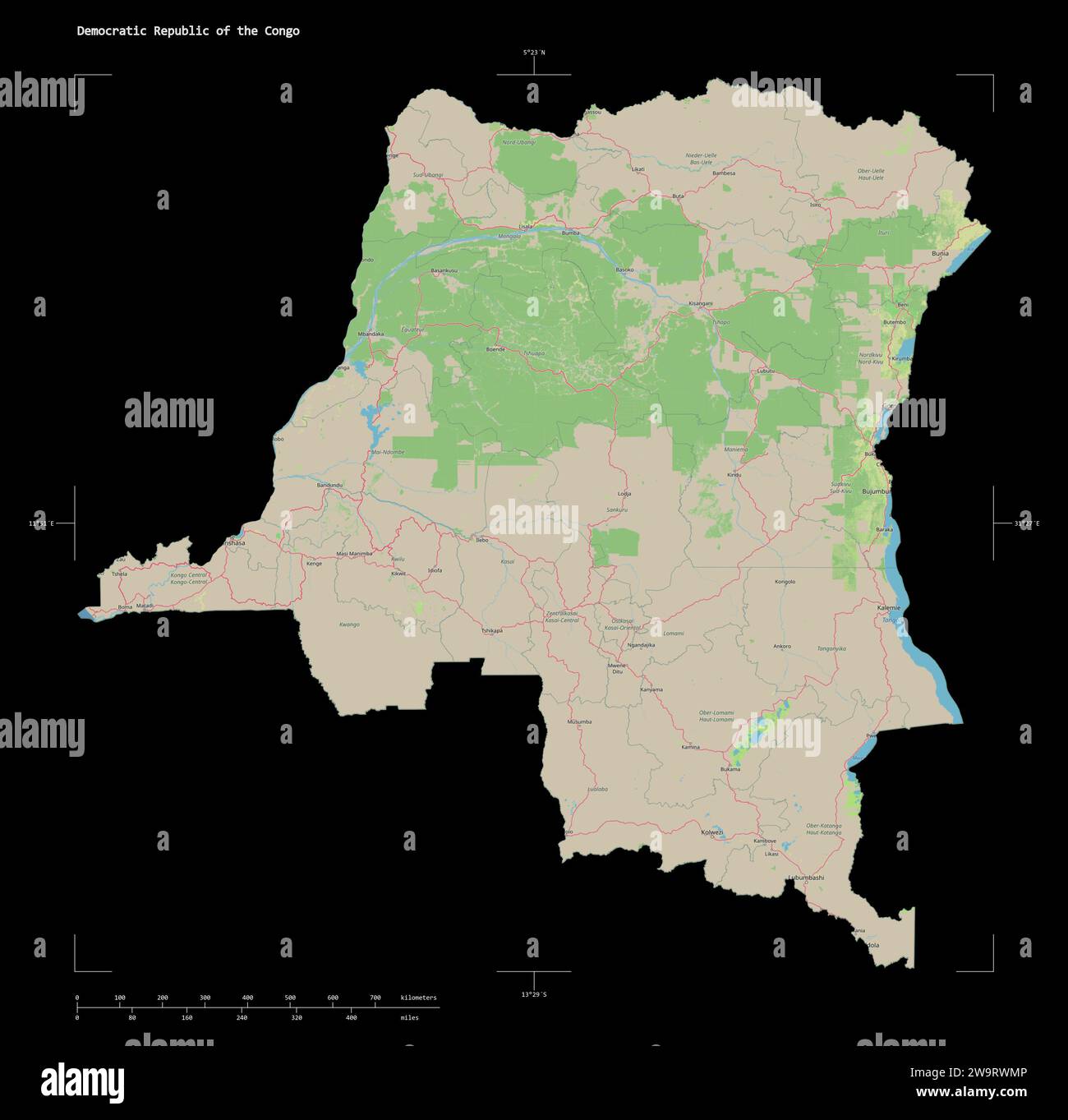 Shape of a topographic, OSM Germany style map of the Democratic ...