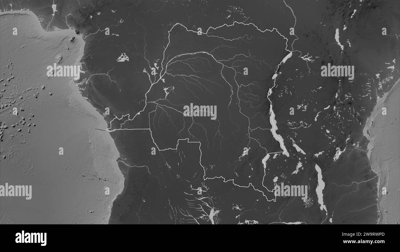 Democratic Republic of the Congo outlined on a Grayscale elevation map ...