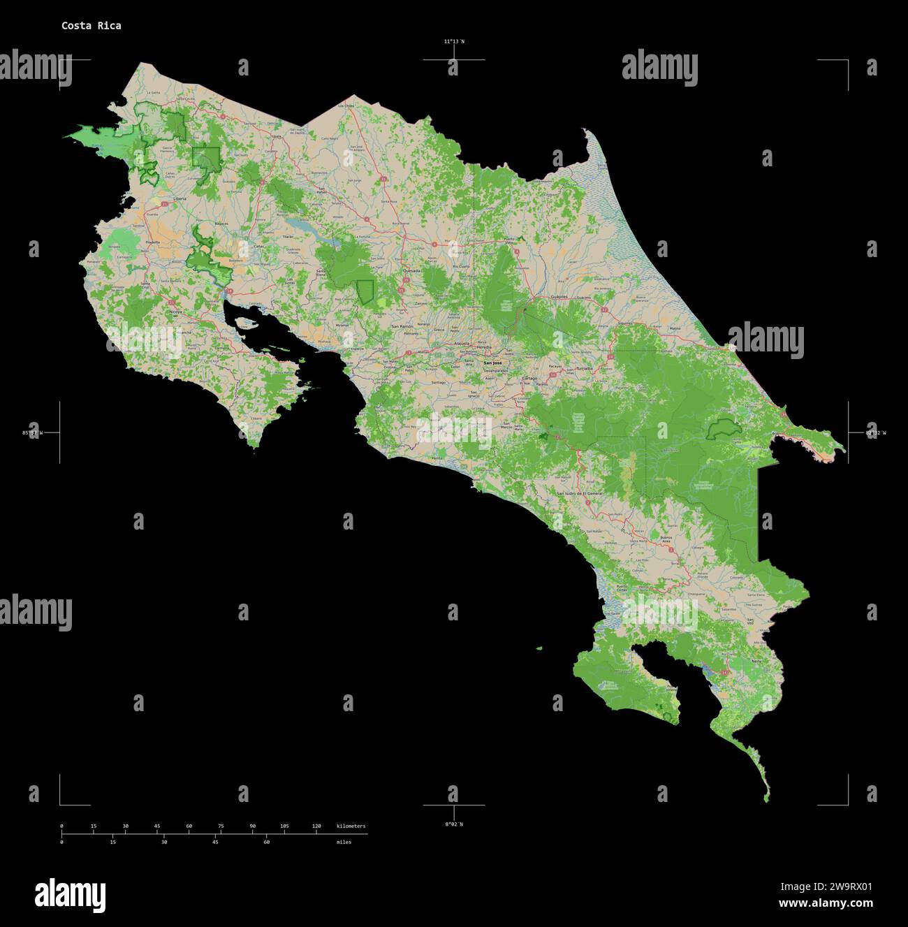 Costa Rica Distance Sign Shape of a topographic, OSM France style map of the Costa Rica, with ...