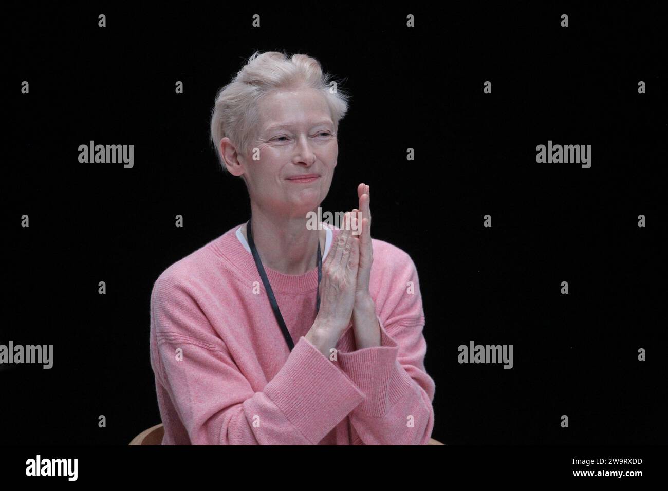 Britsh actress TILDA SWINTON gives a press conference at Onassis Culture Center in Athens. Oscar winner Tilda Swinton, in a ritual-like fashion show, starring costumes from Pasolini's iconic films: from 'The Gospel According to St. Matthew” and 'Arabian Nights' to “Salò, or the 120 Days of Sodom.' Stock Photo