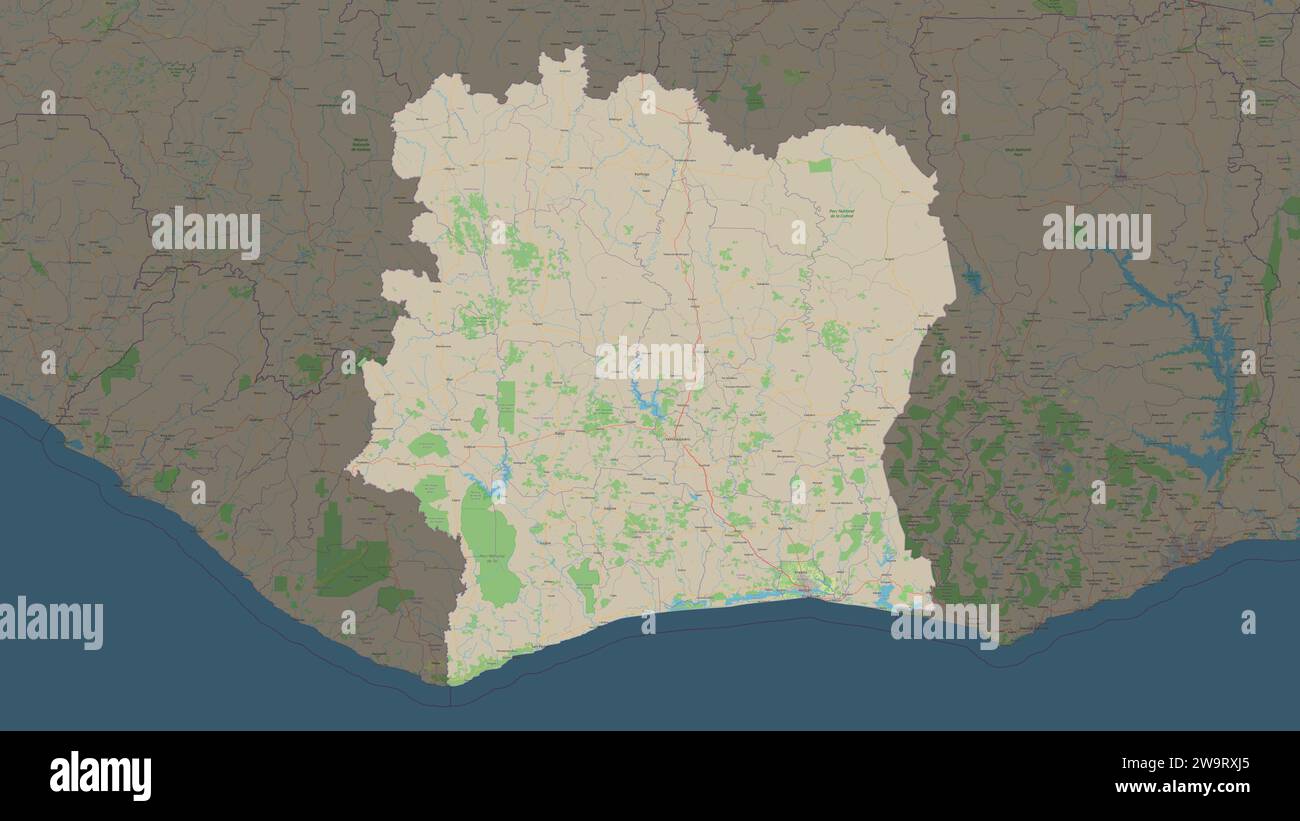 Ivory Coast highlighted on a topographic, OSM standard style map Stock ...