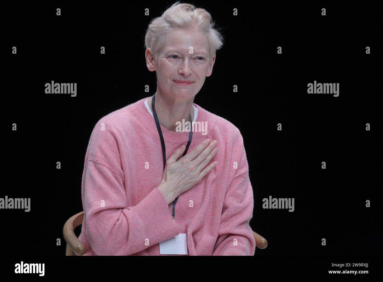 Britsh actress TILDA SWINTON gives a press conference at Onassis Culture Center in Athens. Oscar winner Tilda Swinton, in a ritual-like fashion show, starring costumes from Pasolini's iconic films: from 'The Gospel According to St. Matthew” and 'Arabian Nights' to “Salò, or the 120 Days of Sodom.' Stock Photo