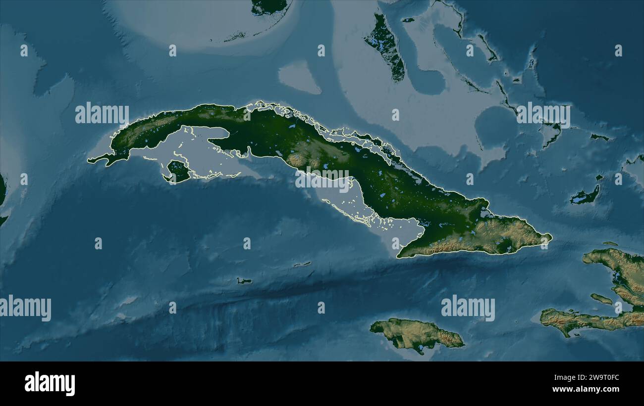 Cuba Outlined On A Colored Elevation Map With Lakes And Rivers Stock Cuba Outlined On A Colored Elevation Map With Lakes And Rivers 2W9T0FC 