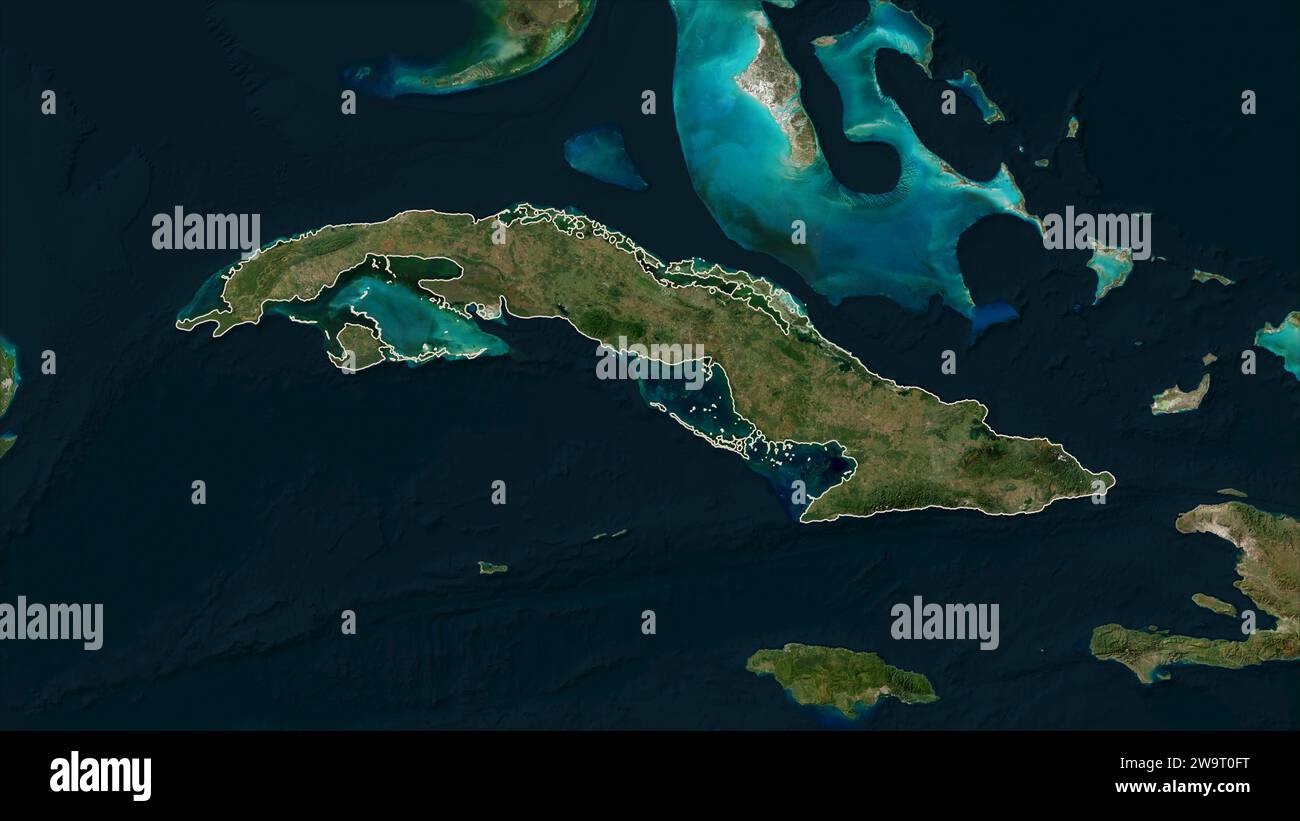 Cuba outlined on a low resolution satellite map Stock Photo